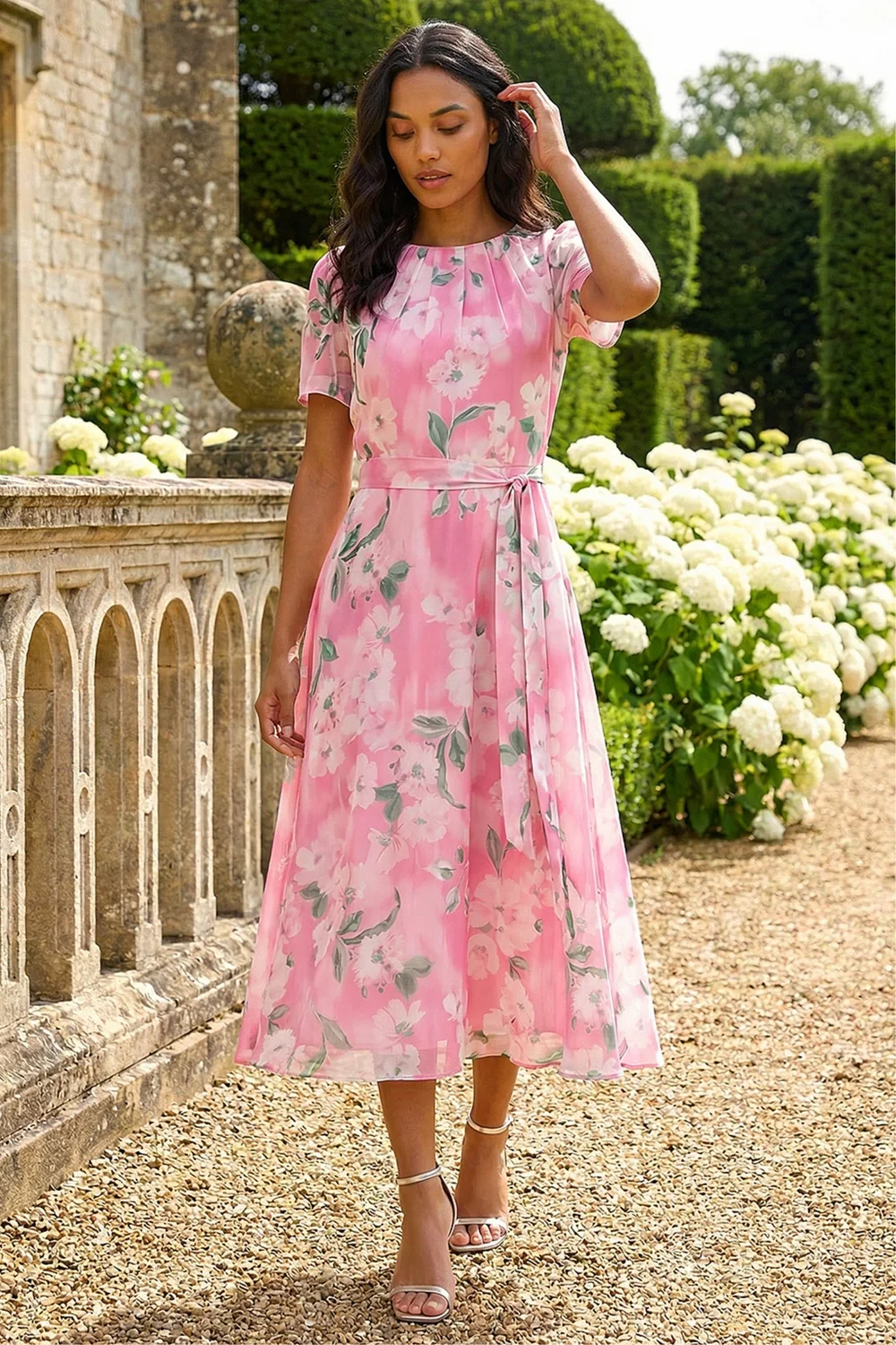 Roman Pink Floral Print Pleat Neck Midi Dress - 20 | Matalan Roman Pink Floral Print Pleat Neck Midi Dress - 20 | Matalan