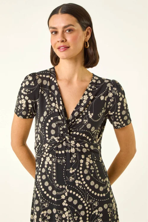 Roman Black Floral Print Twist Front Stretch Dress - 10 Image 4