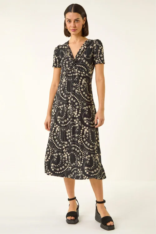 Roman Black Floral Print Twist Front Stretch Dress - 10 Image 3
