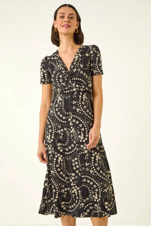 Roman Black Floral Print Twist Front Stretch Dress - 10 Image 1