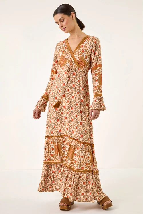 Roman Orange Border Print Maxi Dress - One Size Image 2