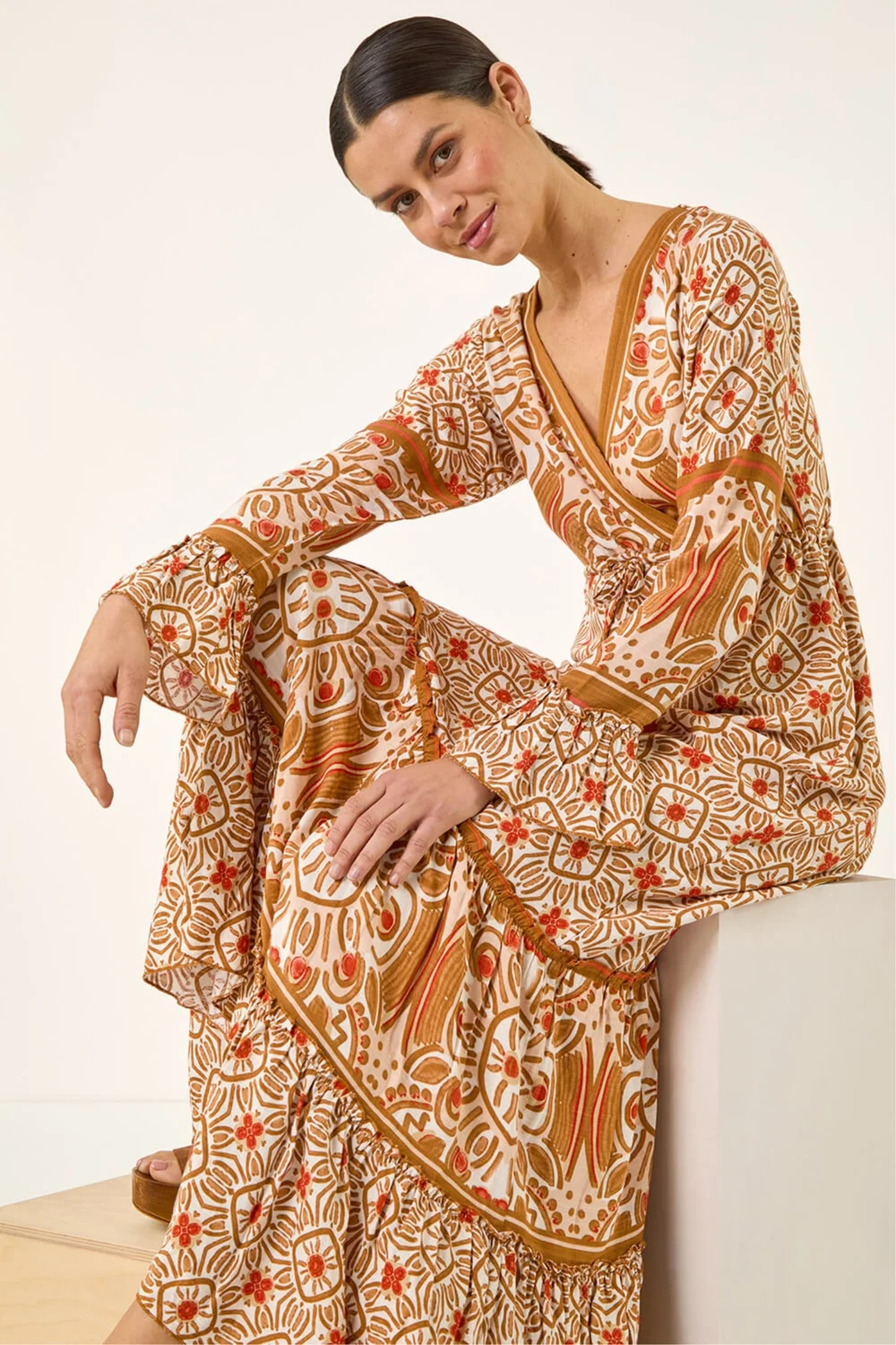 Roman Orange Border Print Maxi Dress - One Size Image 1