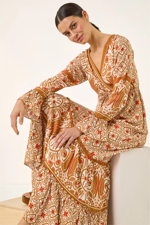 Roman Orange Border Print Maxi Dress - One Size Image 1