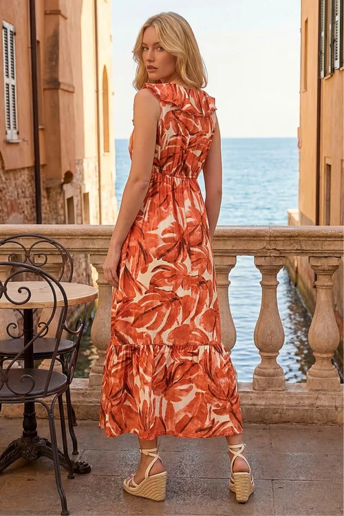 Roman Orange Leaf Print V-Neck Maxi Dress - One Size Image 3