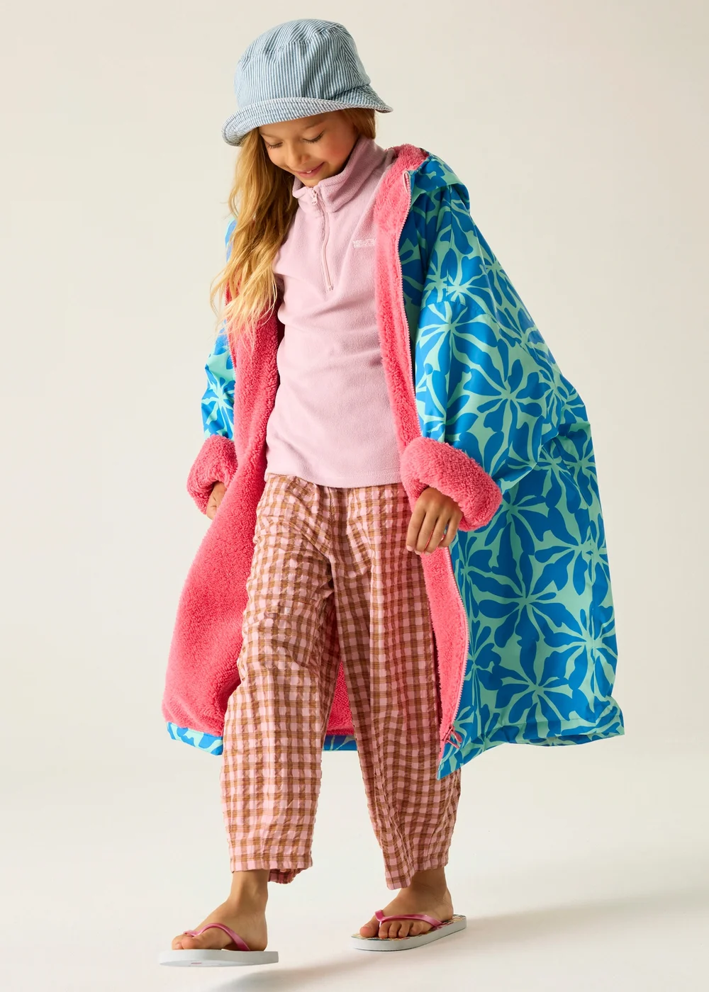 Regatta Blue Floral Pink Lemonade Junior Waterproof Robe with Hydrafort Technology (3-13 Years) - 3-5 Image 3