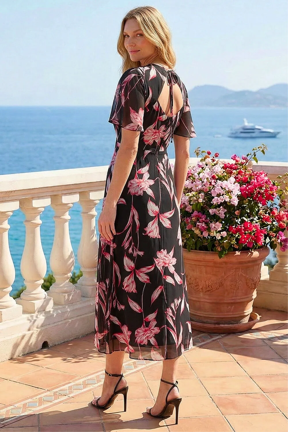 Roman Red Leaf Print Back Tie Midi Dress - 20 Image 3