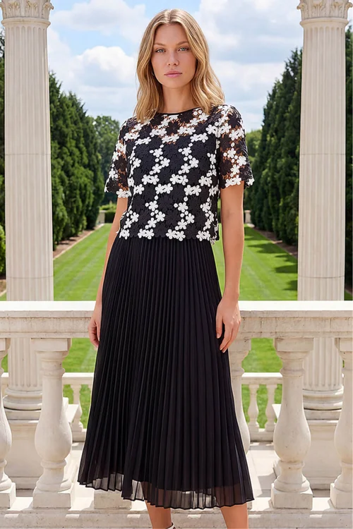 Roman Black Lace Overlay Pleated Midi Dress - 18 Image 2