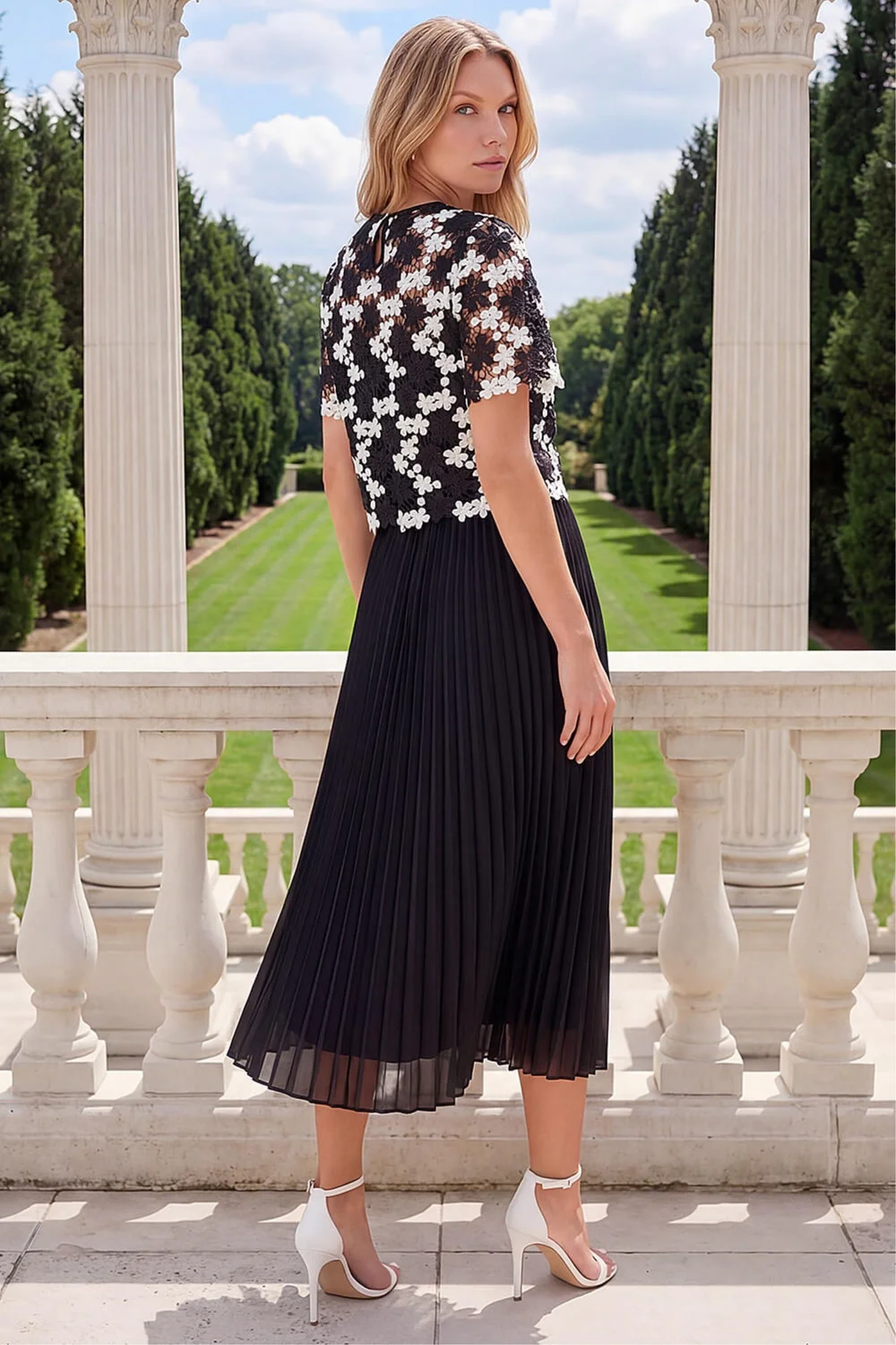 Roman Black Lace Overlay Pleated Midi Dress - 18 Image 3
