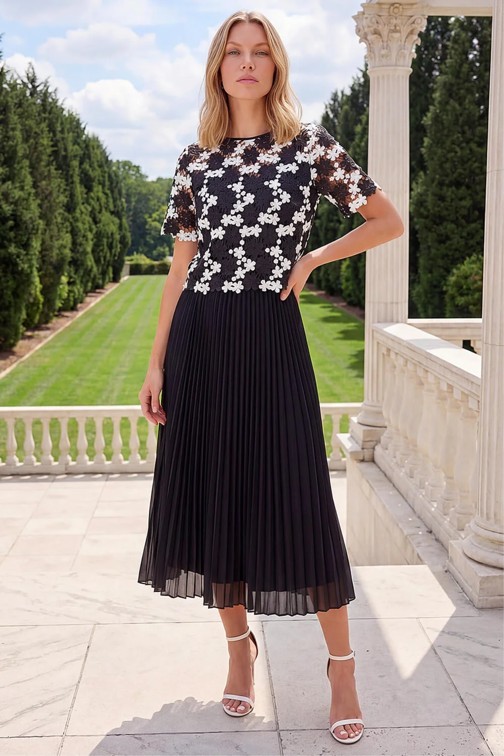 Roman Black Lace Overlay Pleated Midi Dress - 18 Image 1