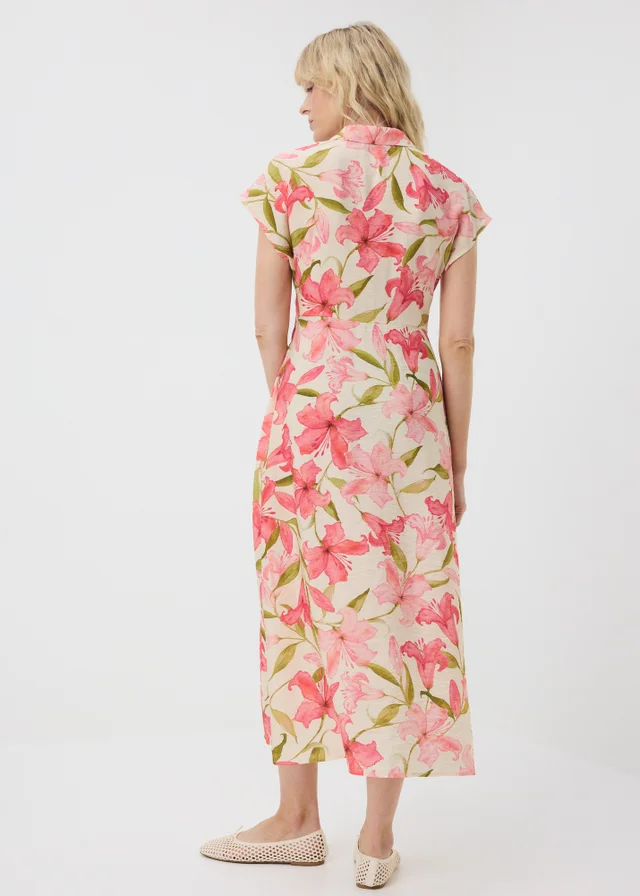 Pink Tropical Floral Midi Shirt Dress