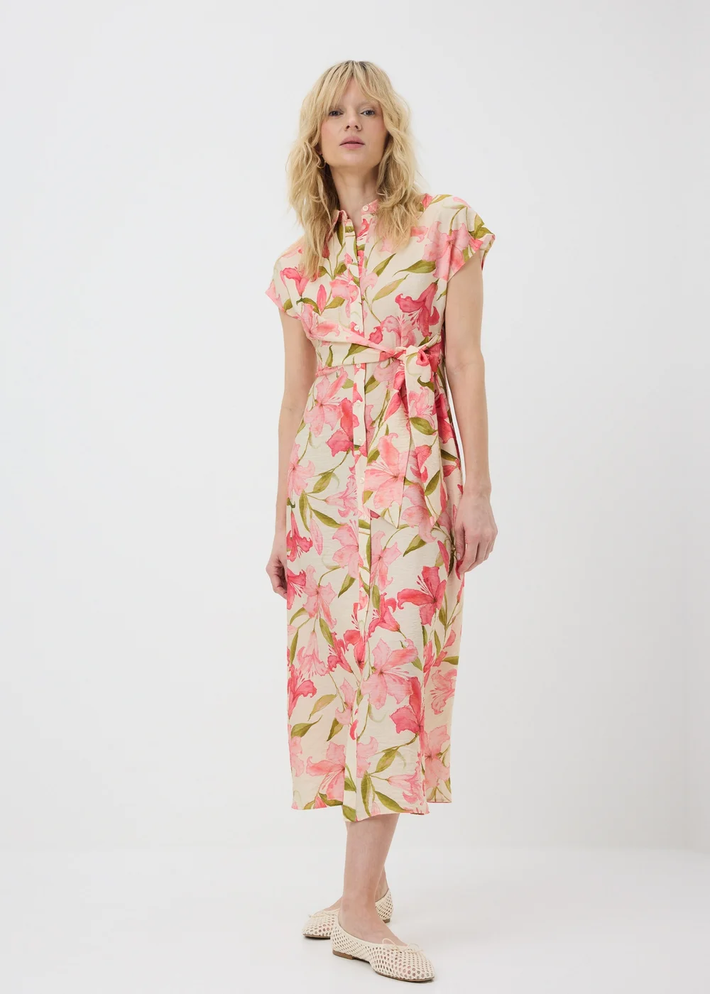 Pink Tropical Floral Midi Shirt Dress - 8 Image 1