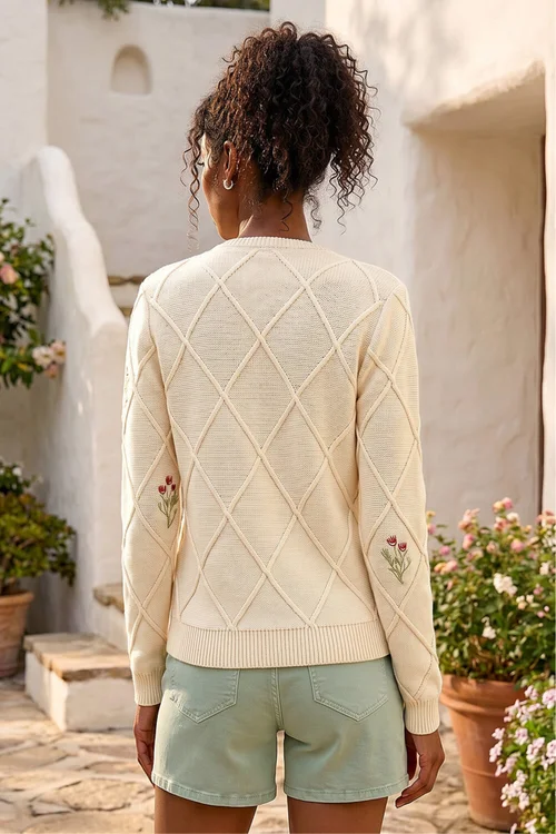 Roman Ivory Floral Embroidered Knit Cardigan - 16 Image 3
