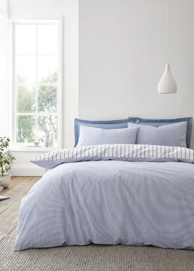Bianca Fine Linens Hampton Stripe 200 Thread Count Cotton Reversible Duvet Cover Set Blue