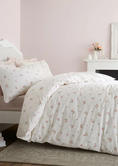 Bianca Fine Linens Vintage Rosebud Lace 200 Thread Count Cotton Reversible Duvet Cover Set Cream - Double Image 2