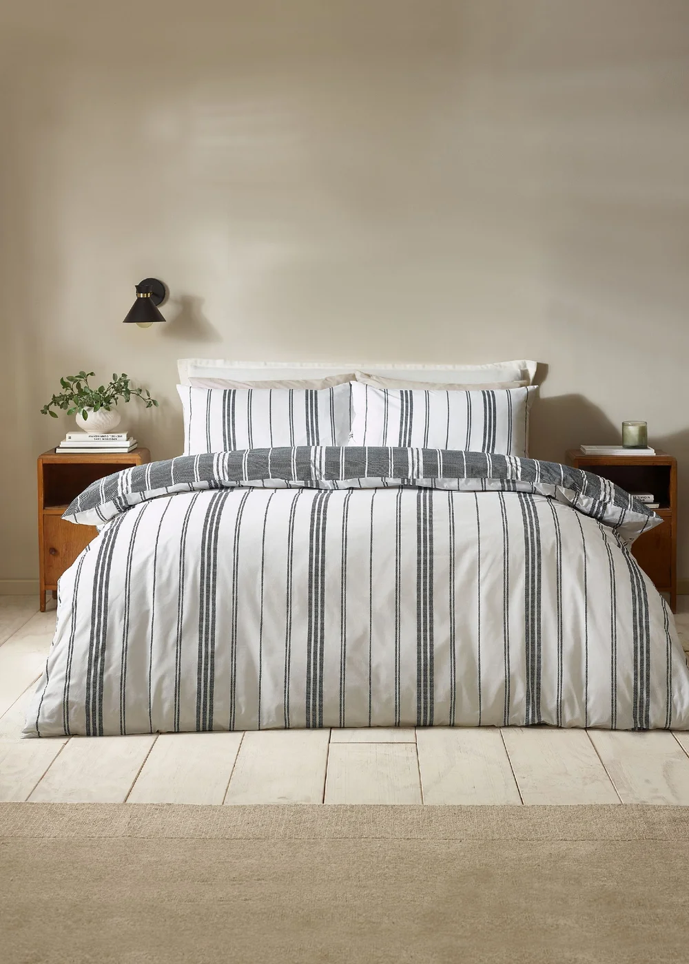 Catherine Lansfield Harbour Stripe Reversible Duvet Cover Set Black - Single Image 1