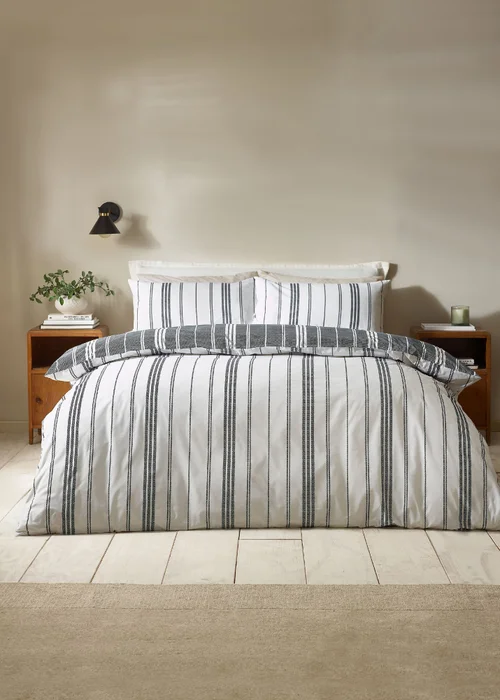 Catherine Lansfield Harbour Stripe Reversible Duvet Cover Set Black - Single Image 1