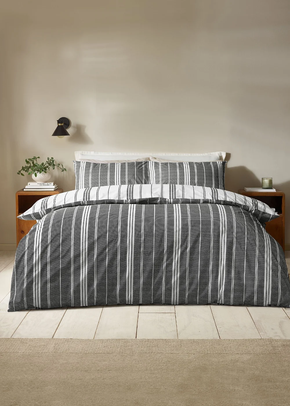 Catherine Lansfield Harbour Stripe Reversible Duvet Cover Set Black - Single Image 2