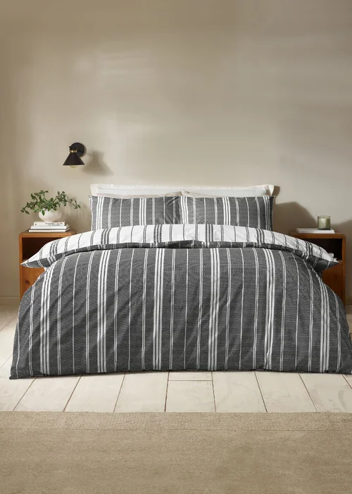 Catherine Lansfield Harbour Stripe Reversible Duvet Cover Set Black - Single Image 2