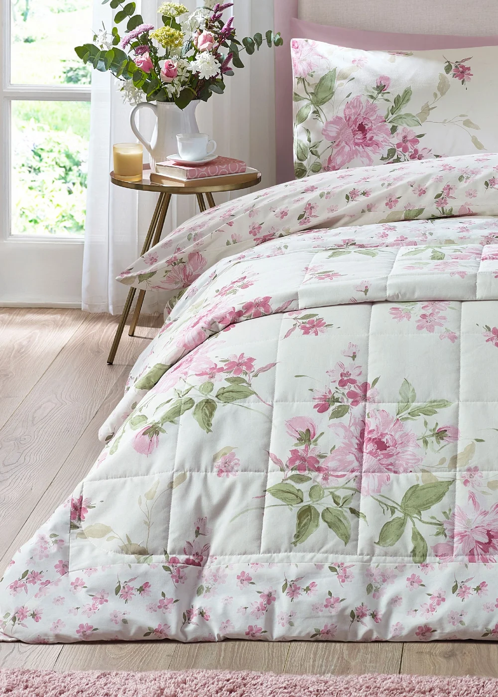 Catherine Lansfield Avebury Floral Reversible Quilted 220x230cm Bedspread Cream - One Size Image 1