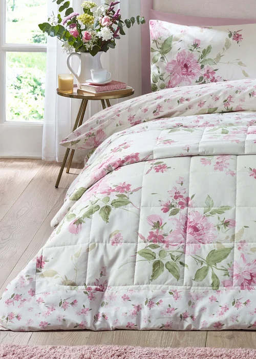 Catherine Lansfield Avebury Floral Reversible Quilted 220x230cm Bedspread Cream - One Size Image 1