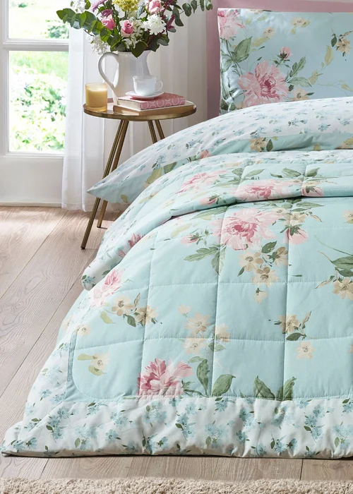 Catherine Lansfield Avebury Floral Reversible Quilted 220x230cm Bedspread Duck Egg Blue - One Size Image 1