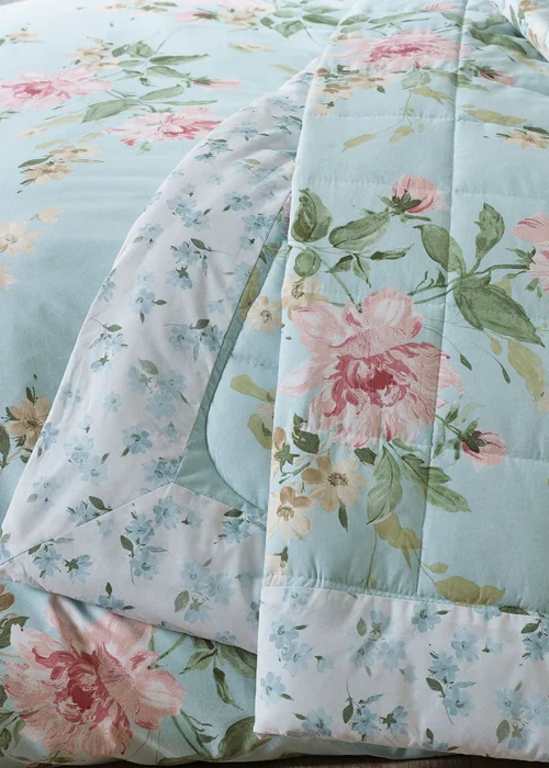 Catherine Lansfield Avebury Floral Reversible Quilted 220x230cm Bedspread Duck Egg Blue - One Size Image 2