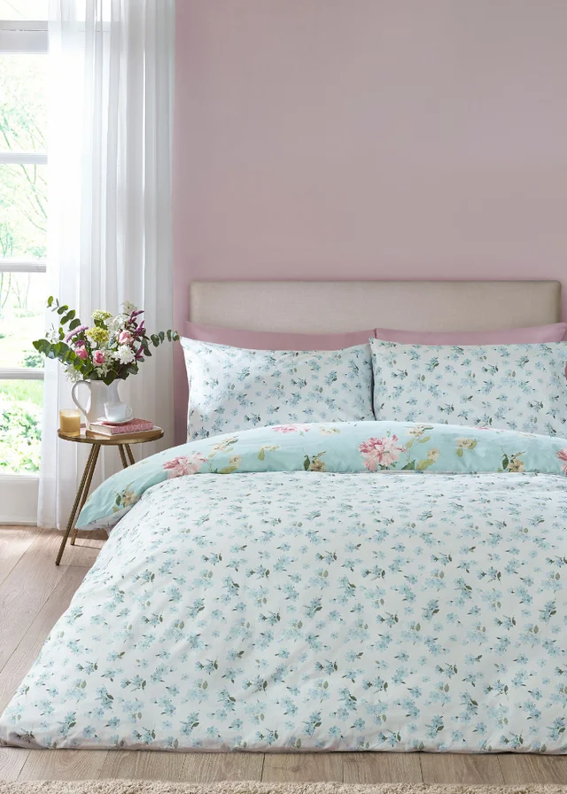 Catherine Lansfield Avebury Floral Reversible Duvet Cover Set Duck Egg Blue