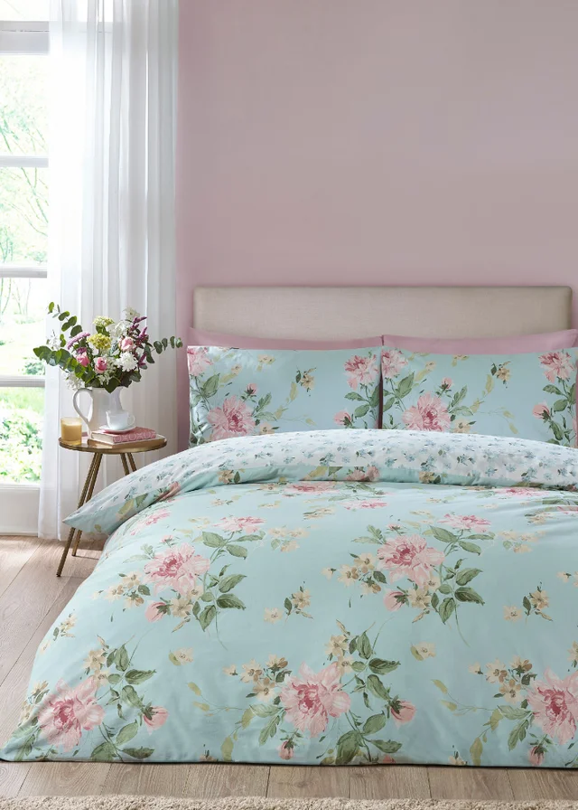 Catherine Lansfield Avebury Floral Reversible Duvet Cover Set Duck Egg Blue