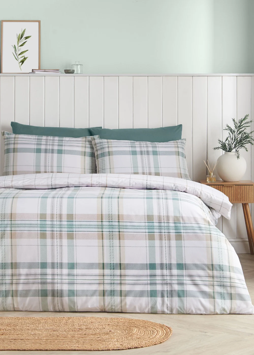 Catherine Lansfield Cartmel Check Reversible Duvet Cover Set Soft Green - Single Image 1