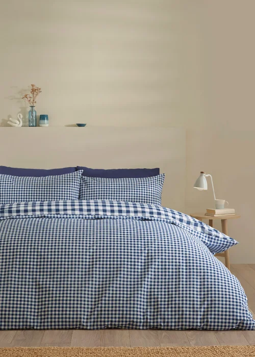 Catherine Lansfield Bamford Gingham Check Reversible Duvet Cover Set Navy Blue - Single Image 1
