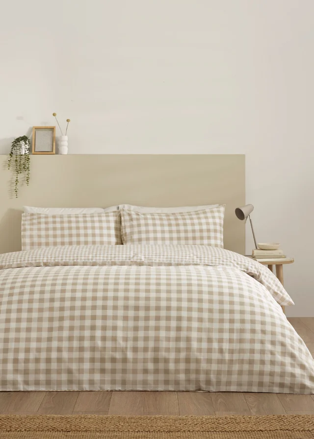 Catherine Lansfield Bamford Gingham Check Reversible Duvet Cover Set Natural
