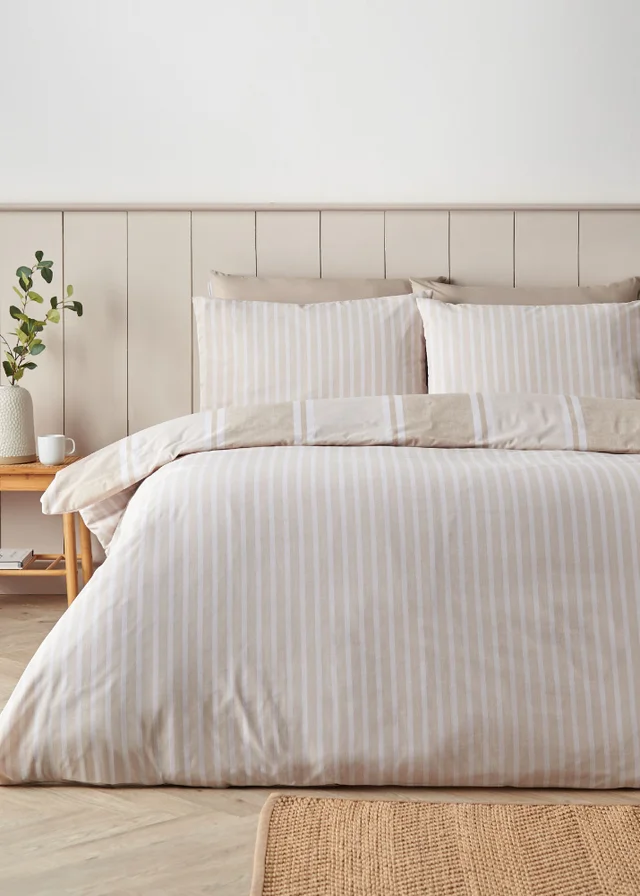 Catherine Lansfield Banded Stripe Reversible Duvet Cover Set Natural