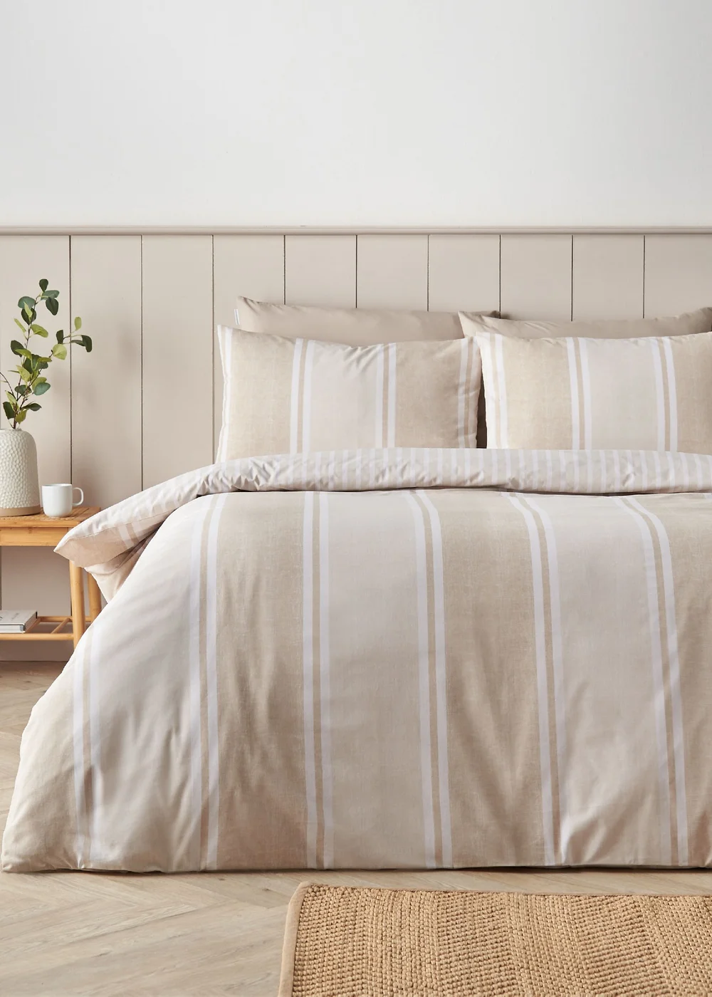 Catherine Lansfield Banded Stripe Reversible Duvet Cover Set Natural - Single Image 1