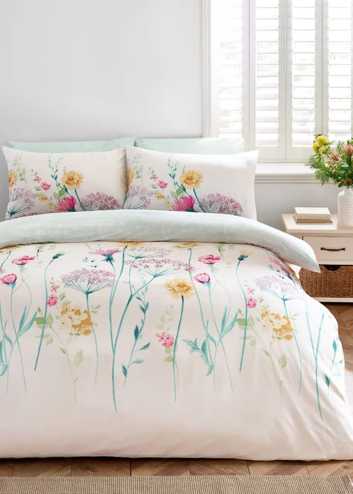 Catherine Lansfield Meadowsweet Floral Reversible Duvet Cover Set Bright - Single Image 1
