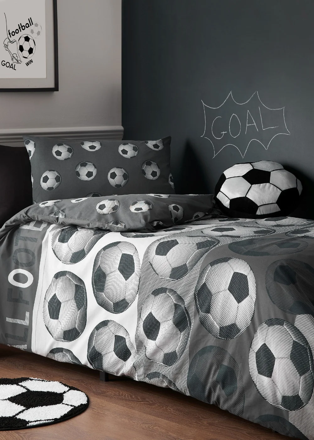 Catherine Lansfield Football Reversible Duvet Cover Set Grey - Single Image 1