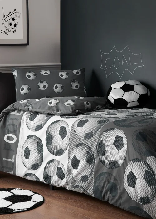 Catherine Lansfield Football Reversible Duvet Cover Set Grey - Single Image 1