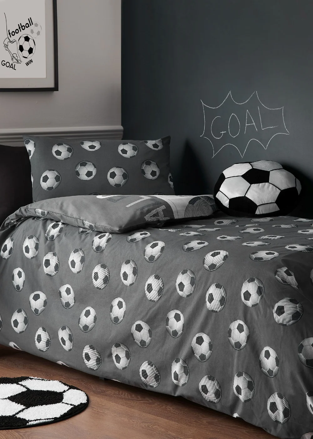 Catherine Lansfield Football Reversible Duvet Cover Set Grey - Single Image 2