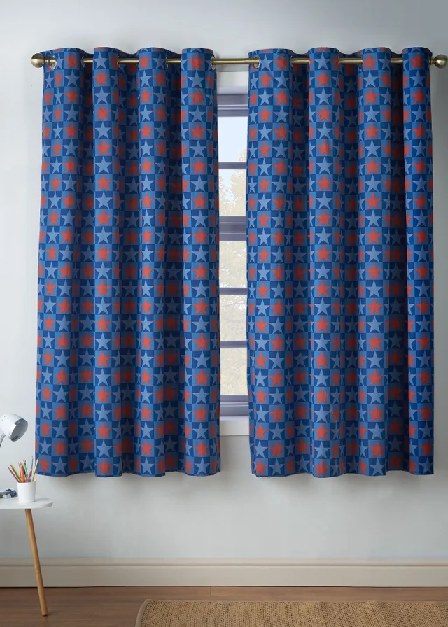 Catherine Lansfield Kids Stars And Check Fully Reversible Eyelet Curtains Blue