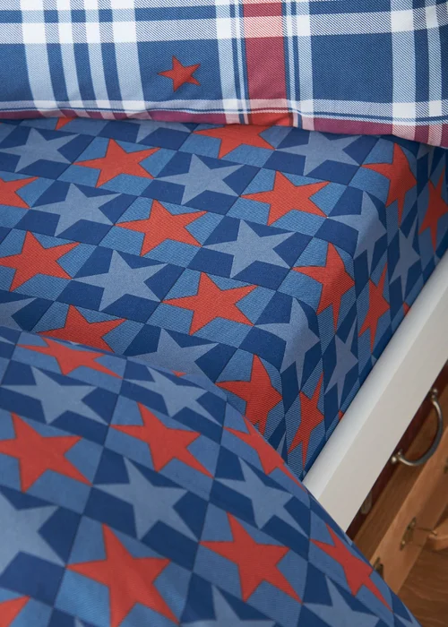 Catherine Lansfield Stars And Check Fitted Sheet Blue - Single Image 1