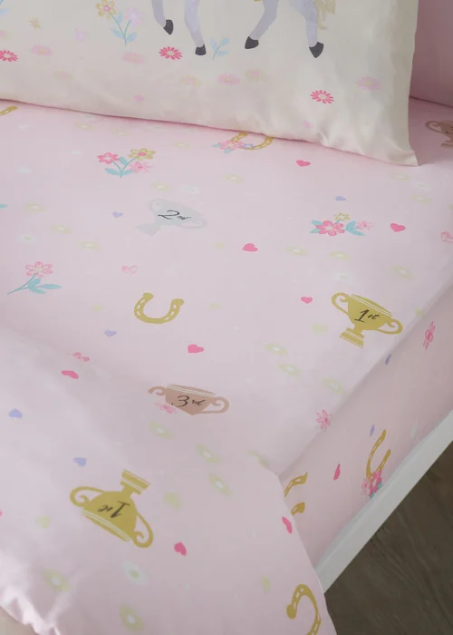 Catherine Lansfield Happy Horses Fitted Sheet Pink - Junior Image 1