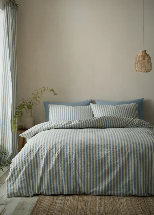 Pineapple Elephant Cotton Rich Woven Stripe Duvet Cover Set Blue - Double Image 1