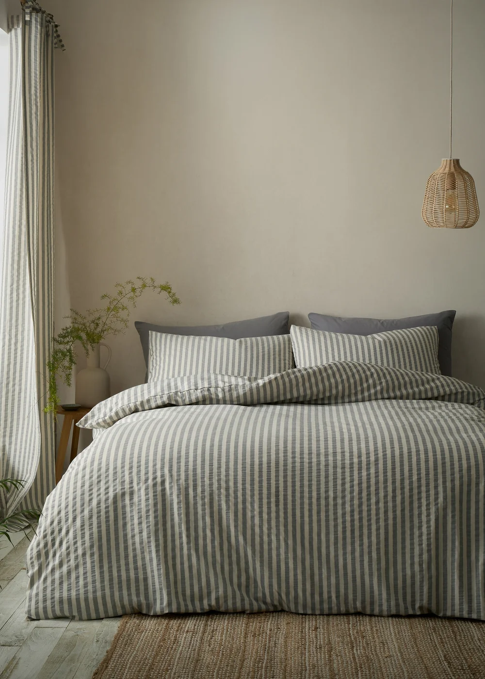 Pineapple Elephant Cotton Rich Woven Stripe Duvet Cover Set Grey - Single Image 1