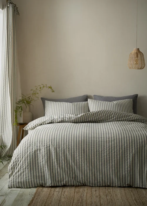 Pineapple Elephant Cotton Rich Woven Stripe Duvet Cover Set Grey - Single Image 1