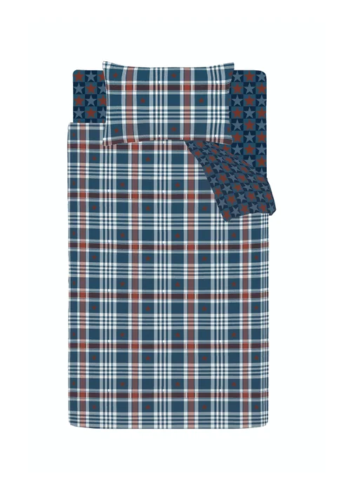 Catherine Lansfield Stars & Check Reversible Duvet Cover Set Blue - Single Image 5
