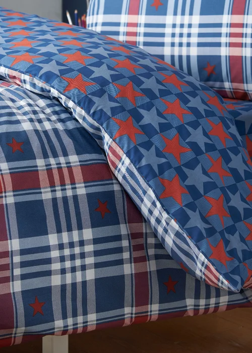 Catherine Lansfield Stars & Check Reversible Duvet Cover Set Blue - Single Image 4