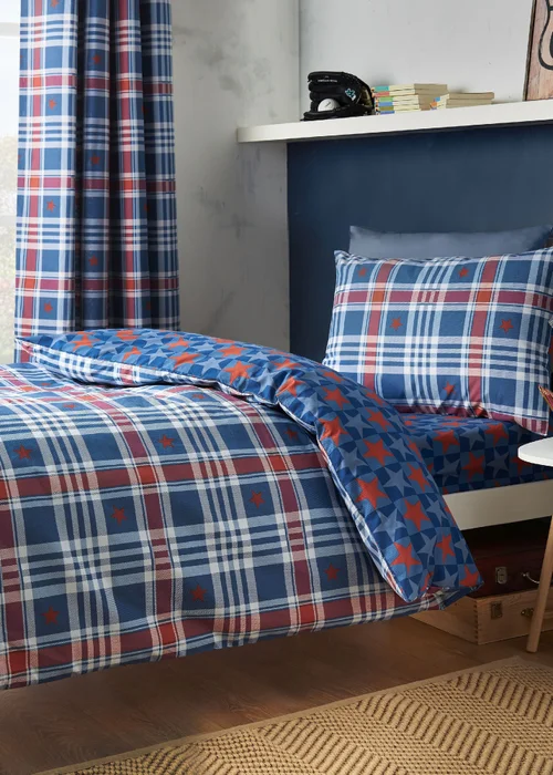 Catherine Lansfield Stars & Check Reversible Duvet Cover Set Blue - Single Image 1