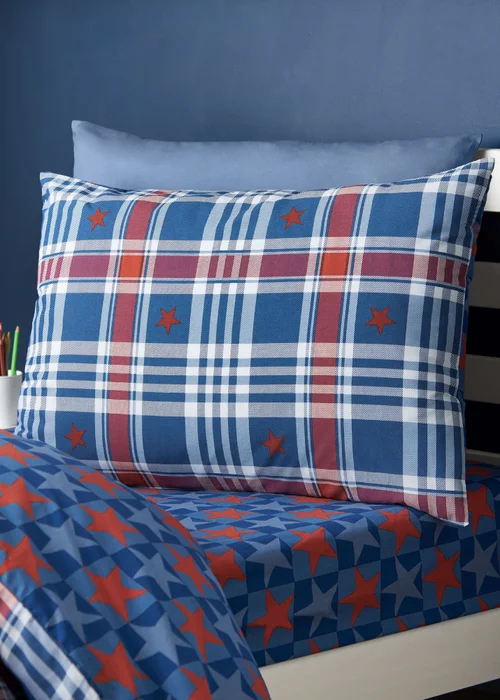 Catherine Lansfield Stars & Check Reversible Duvet Cover Set Blue - Single Image 3