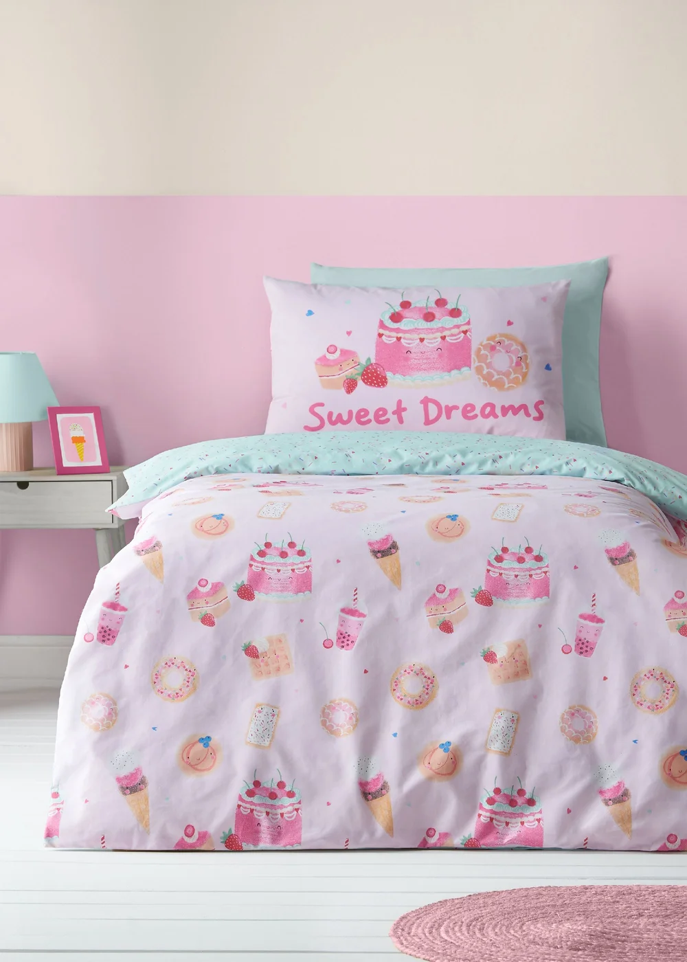 Catherine Lansfield Sweet Treats Reversible Duvet Cover Set Pink - Single Image 1