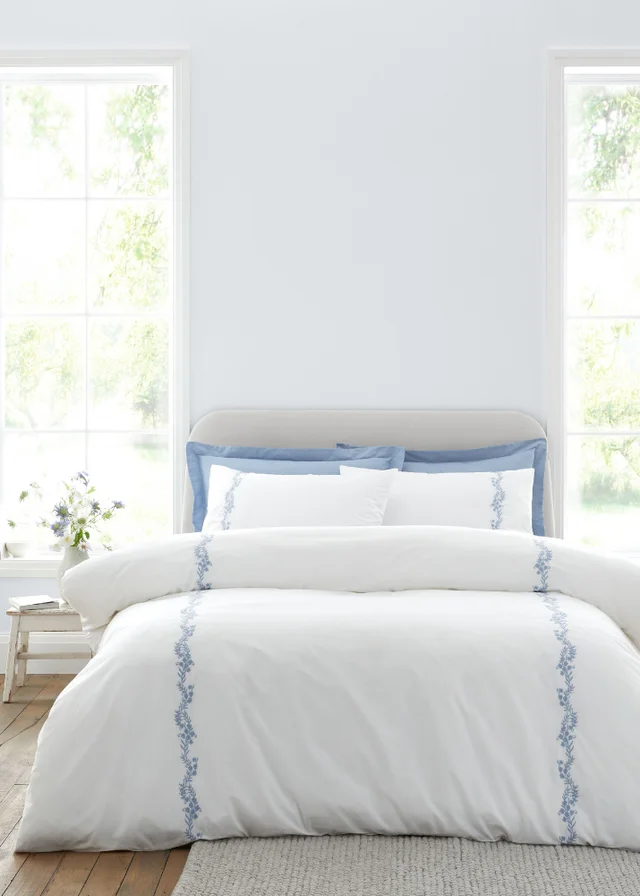 Bianca Fine Linens Camille Embroidered Floral 200 Thread Count Cotton Duvet Cover Set Blue