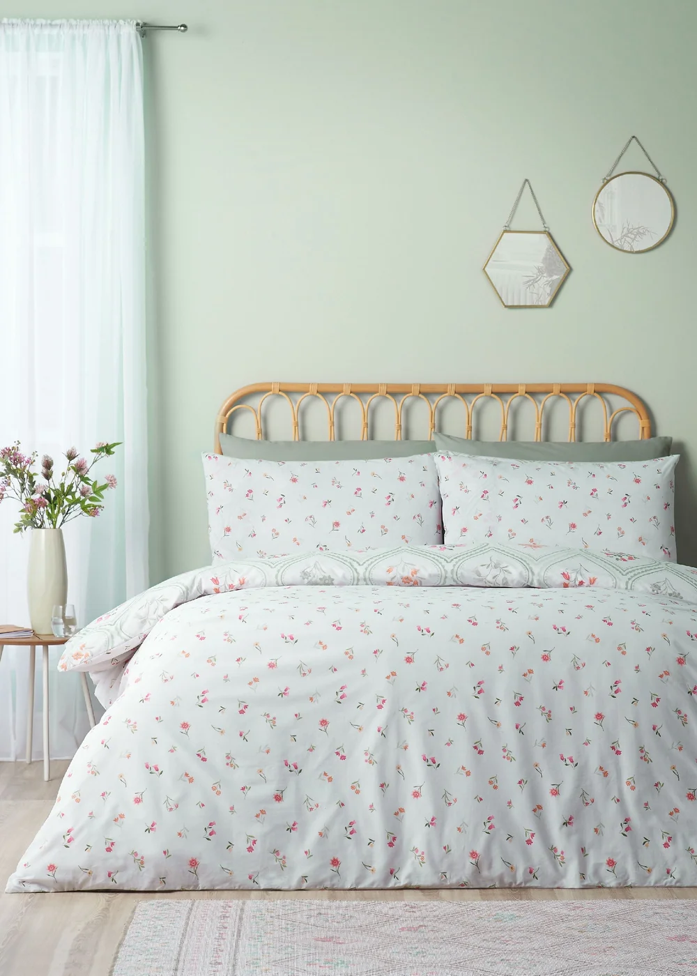 Catherine Lansfield Cameo Floral Reversible Duvet Cover Set Soft Green - Single Image 2